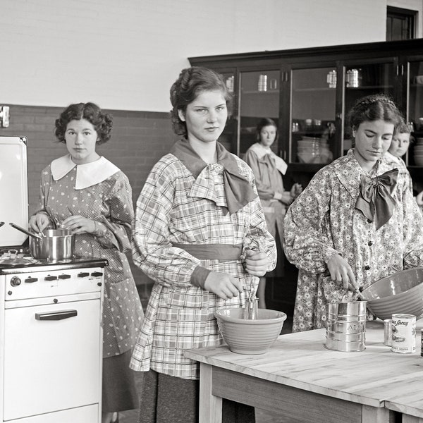 Cooking Class, 1935. Vintage Photo Reproduction Print. Black & White Photograph. Kitchen, Baking, High School, 1930s, 30s.