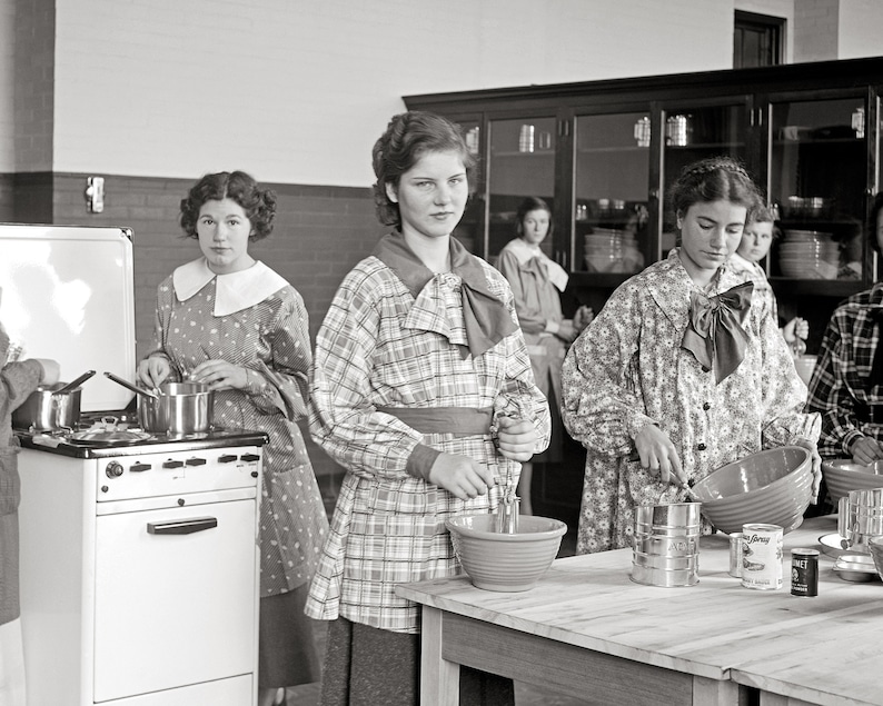 Cooking Class, 1935. Vintage Photo Reproduction Print. Black & White Photograph. Kitchen, Baking, High School, 1930s, 30s. image 1