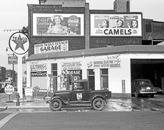 Indian Trails Garage, 1940. Digital Photo Download. Vintage Black & White Photograph. Gas Station, Cars, Advertising, 1940s, 40s.