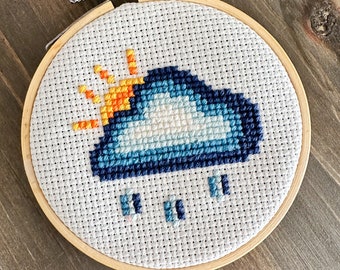 Sun & Cloud Mini Cross Stitch Pattern PDF for Instant Download - Pictured in 3 Inch Hoop