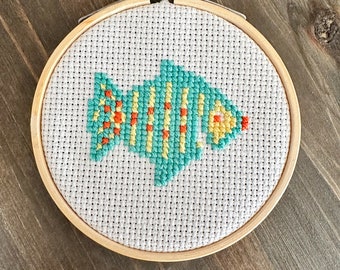Fish Mini Cross Stitch Pattern PDF for Instant Download - Pictured in 3 Inch Hoop