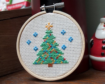 Christmas Tree Mini Cross Stitch Pattern PDF for Instant Download - Pictured in 3 Inch Hoop - Holiday Ornament