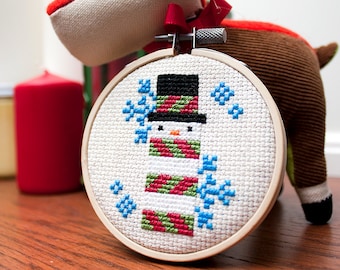 Snowman Mini Cross Stitch Pattern PDF for Instant Download - Pictured in 3 Inch Hoop - Holiday Ornament