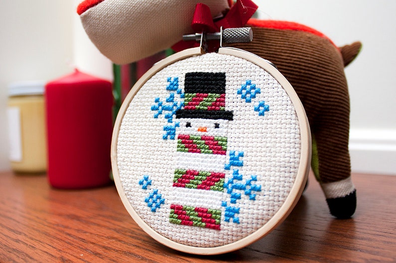 Snowman Mini Cross Stitch Pattern PDF for Instant Download Pictured in 3 Inch Hoop Holiday Ornament image 1