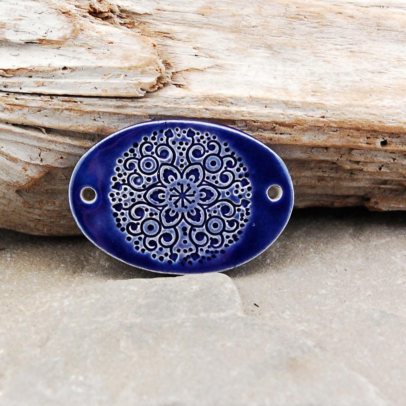Ceramic Mirror Blue Mandala Bracelet Bar, Bracelet connector, Bracelet Focal Bead,  Ceramic Component