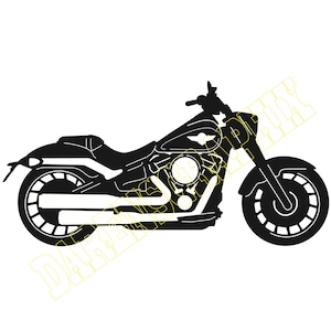 Op de afbeelding: Zwart-witte silhouet van een motorfiets met een grote voorband en een enkel zadel.