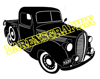 May include: Black and white silhouette of a vintage 1938 pickup truck. The truck has a long bonnet, a large grille, and a flatbed.