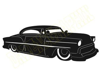 Può includere: Silhouette in bianco e nero di un'auto classica con carrozzeria arrotondata. L'auto ha un parabrezza grande e un cofano lungo. L'auto è su uno sfondo bianco.