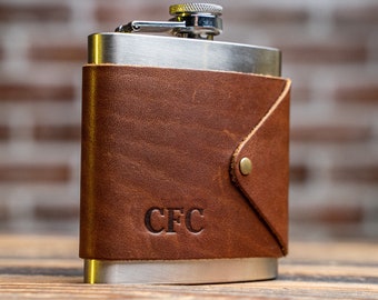 Personalized Leather Flask-Groomsman Gift-Custom-Gifts for Him-21st Birthday Gift-Flask Leather Sleeve with Stainless Steel Flask-The Hatch