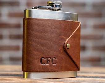 Personalized Leather Flask-Groomsman Gift-Custom-Gifts for Him-21st Birthday Gift-Flask Leather Sleeve with Stainless Steel Flask-The Hatch