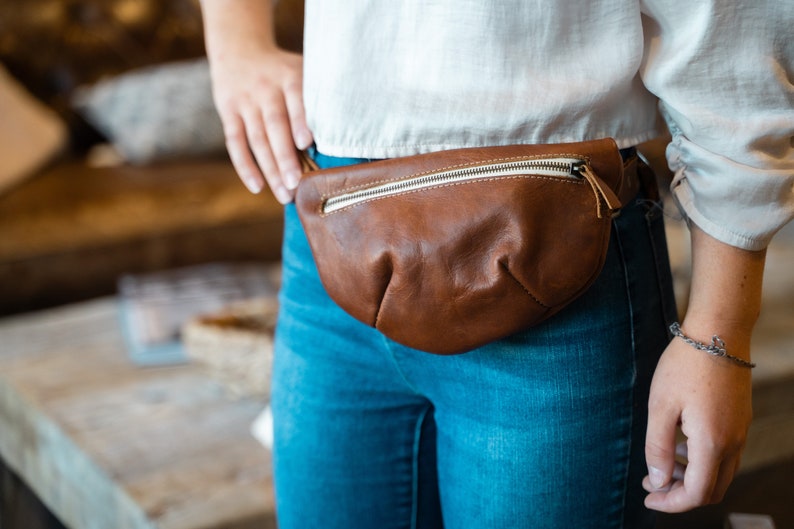 Leather Fanny Pack Mother's Day Gift for Her Full Grain Leather Zipper Pouch with Adjustable Strap Crossbody Bag The Sage Brown