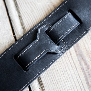 Personalized fine leather guitar strap. Available in black or brown leather.
