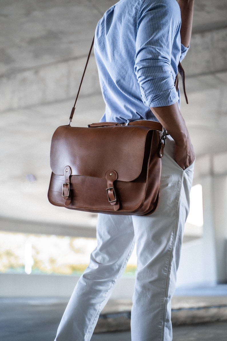 Personalized Leather Gift for Him-Messenger Bag-Shoulder Crossbody-Handmade Full Grain Leather Briefcase and Backpack Combo-No. 1860 EXPRESS image 1