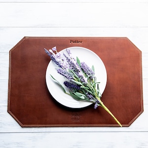 Personalized Leather Placemat Table/Kitchen Decor-Leather Accessories-Rectangle Beveled Edge Full Grain Leather Placemat Gift for Him or Her