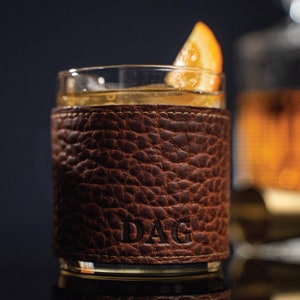 Father's Day Gifts for Him-Personalized Whiskey Glass Set Fine Leather Cow or Bison Rocks Glass-Groomsmen -Whiskey Drinker-The Gentleman