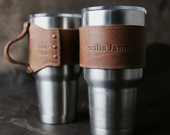 The Rocket City for 30 oz Yeti Personalized Leather Drink Cooler Wrap with Handle in Tan for YETI Rambler Tumbler Tumblers - Yeti Handle