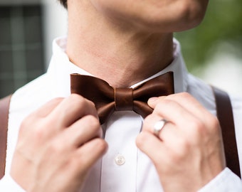 Gift for Groomsmen-Fine Leather Bow Tie-Rustic Wedding Mens Accessories-Unique Handmade Neck Tie-The Baker