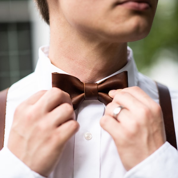 Gift for Groomsmen-Fine Leather Bow Tie-Rustic Wedding Mens Accessories-Unique Handmade Neck Tie-The Baker