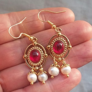 Ruby and Pearl Byzantine Earrings