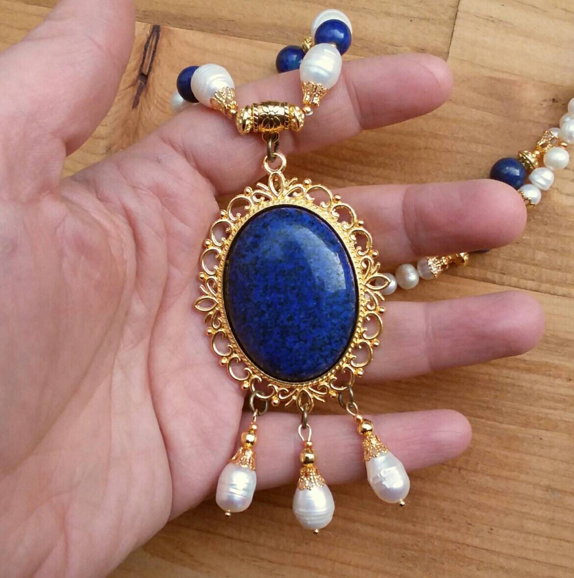 Perle, Lapis und Gold Halskette
