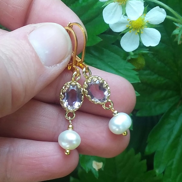 Lavender Amethyst and Pearl crown bezel earrings