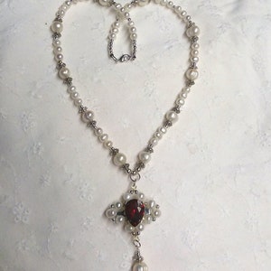 Crimson Jewel, Pearl and Silver Necklace