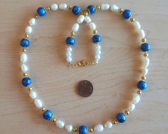 Lapis and Pearl Necklace-24in