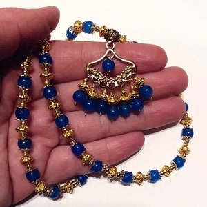 Blue glass and Gold Chandelier Necklace