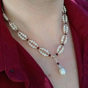 Crimson crystal and freshwater pearl necklace