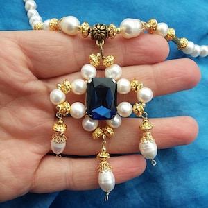 Tudor Cross Necklace--Blue and Pearl