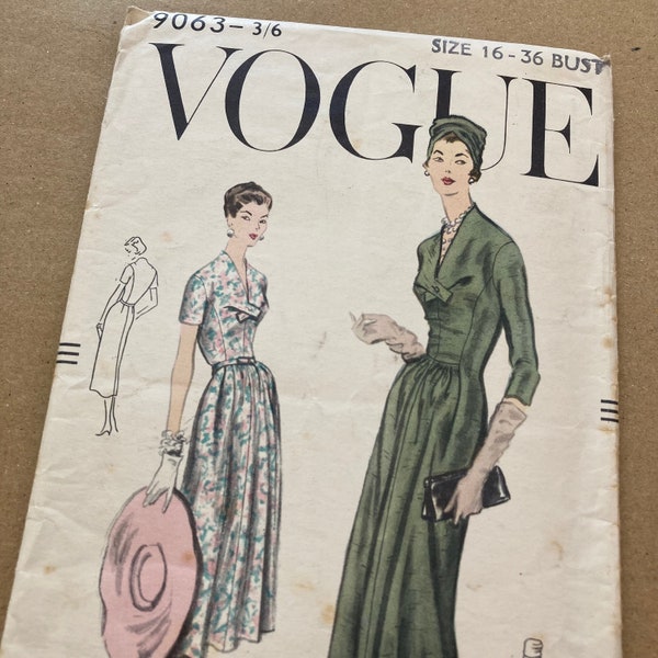 VINTAGE VOGUE Classic 50's Women's Dress Slim Fit with Gathered Front & Unusual Neckline / Evening Wear sewing pattern #9063 ©1957