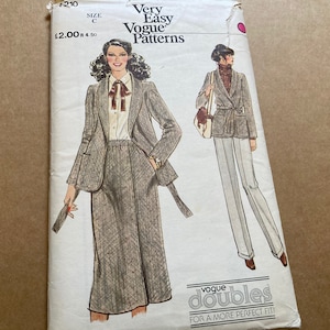 May include: A vintage sewing pattern for a women's suit. The pattern is for a double-breasted blazer and a skirt. The pattern is from Vogue and is called "Very Easy Vogue Patterns". The pattern is size C and costs £2.00.