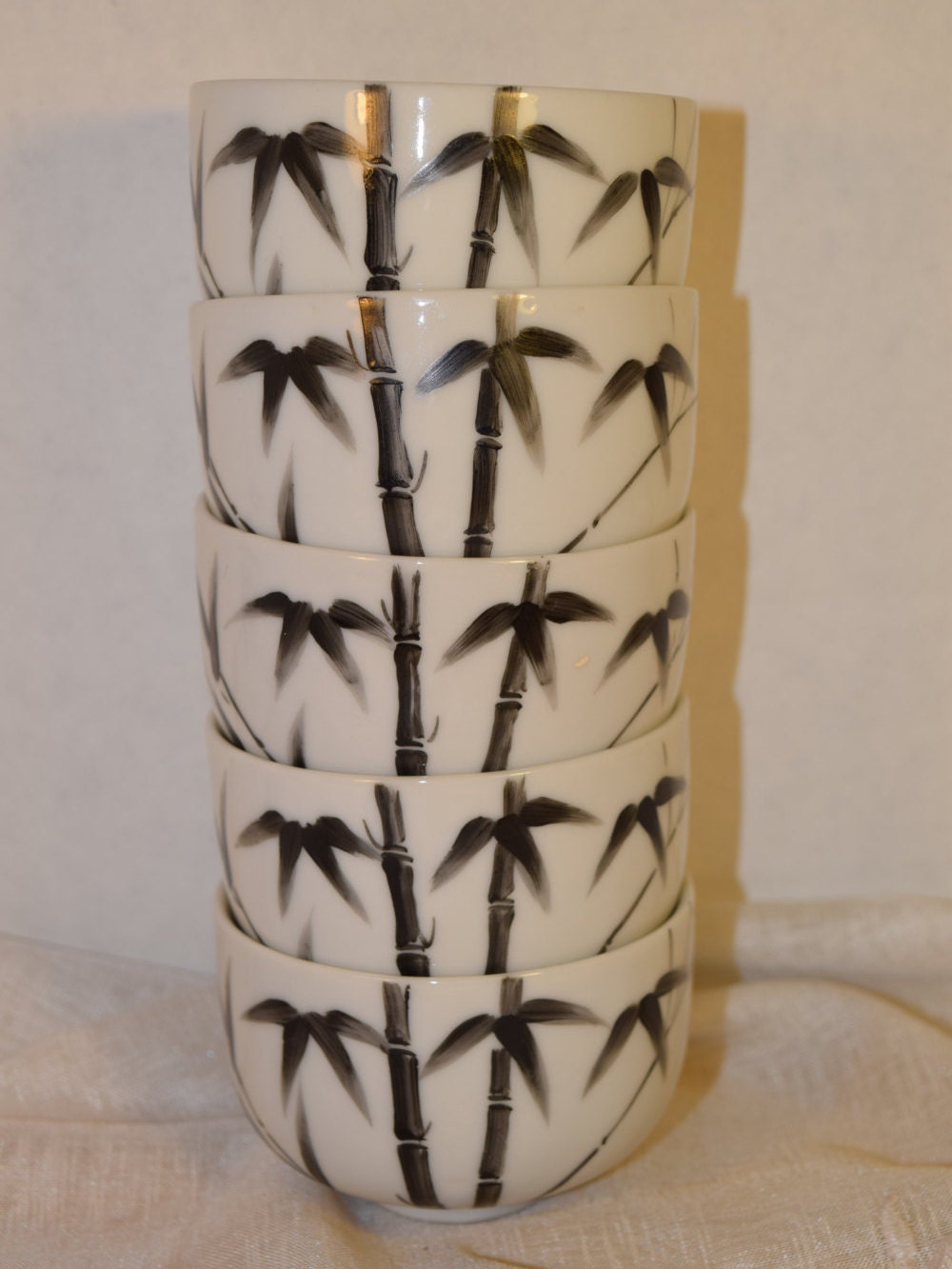 CDGC Bamboo Tea Cups Set of 5 Vintage Black and White Bamboo Painted