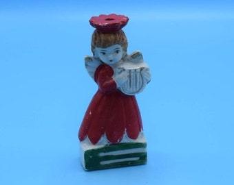 Angel Taper Candle Holder Vintage Porcelain Painted Angel Playing Harp Skinny Candle Holder Christmas Angel Figurine Christmas Decor