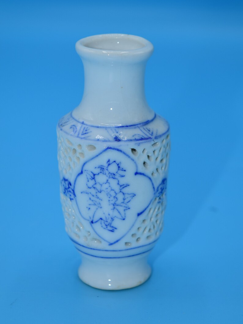 Blue & White Miniature Vase Vintage Open Lace Porcelain Mini Etsy