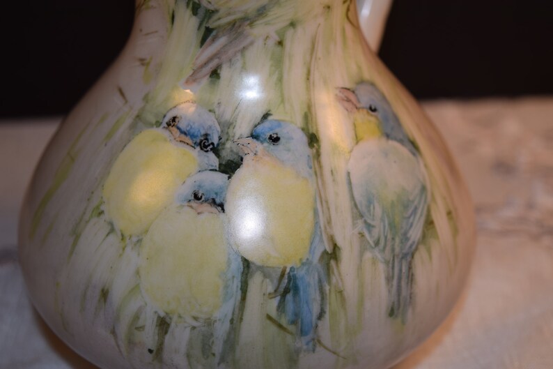 Bird Pitcher Geometric Handle Vintage Love Birds Bamboo Design Etsy