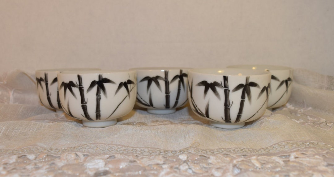 CDGC Bamboo Tea Cups Set of 5 Vintage Black and White Bamboo Painted