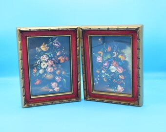 Illinois Moulding Medium Framed Floral Prints Vintage Set of 2 Plastic Red Gold Notched Frames Flower Still Life Gift for Her FREE SHIPPING