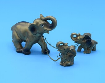 Ceramic Gold Elephant with Babies on Chains Vintage Leashed Elephant with Babies Lucky Elephants Figurines Gift for Her Wedding Decor