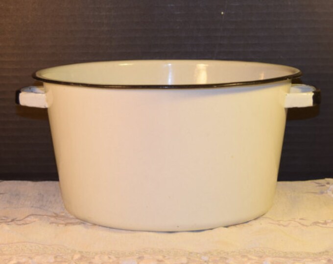 White Enamel Stock Pot Vintage Camping Pot With Handles Black Trim