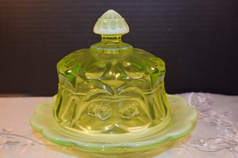 Mosser Vaseline Cherry Thumbprint Butter Dish Yellow Opal Etsy