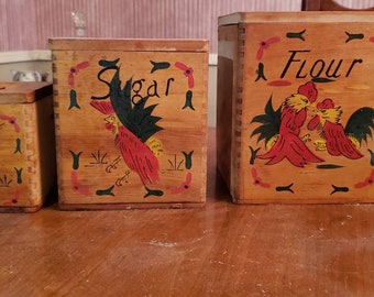 Japan Rooster wood canister set of 3, red chicken flour sugar tea set