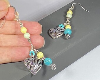 Silver Heart Earrings, Turquoise Beaded Earrings, Turquoise Blue and Yellow Earrings, Boho Long Earrings, Gypsy Beaded Earrings