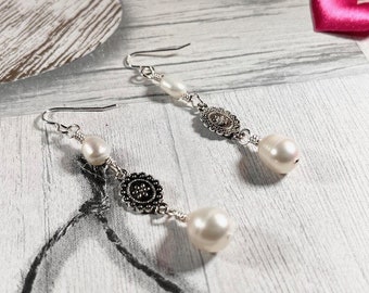 Handmade Pearl Dangle Silver Earrings UK, Fresh Water Cultured Bead Earrings