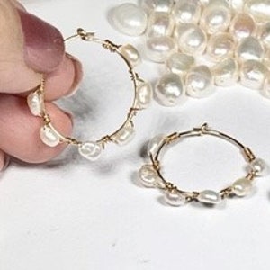 Gold Pearl Hoop Earrings, Handmade Wire Wrapped Fresh Water Pearls, Gold Filled Hoops