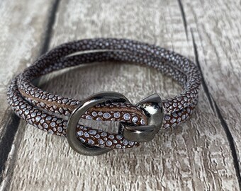 Mens Leather Bracelet, 3rd Wedding Anniversary Gift, Mens Brown Faux Leather Snakeskin Double Bracelet,