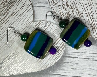 Blue Green Bohemian Earrings, Handmade Contemporary Ornate Drop Earrings UK