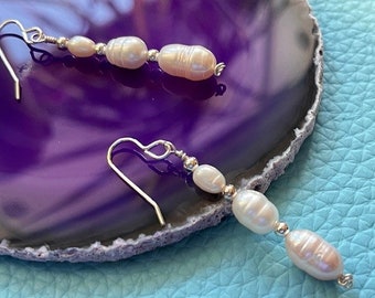 Handmade Pearl Drop Silver Earrings UK, Fresh Water Cultured Bead Earrings