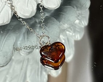 Amber Heart Necklace UK, Natural Amber Silver Necklace, Gemstone Necklace Gift UK