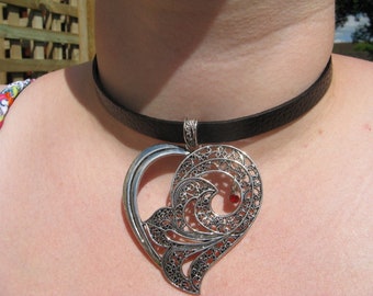 Black Leather Heart Choker Necklace, Statement Jewellery, Filigree Heart Pendant Necklace